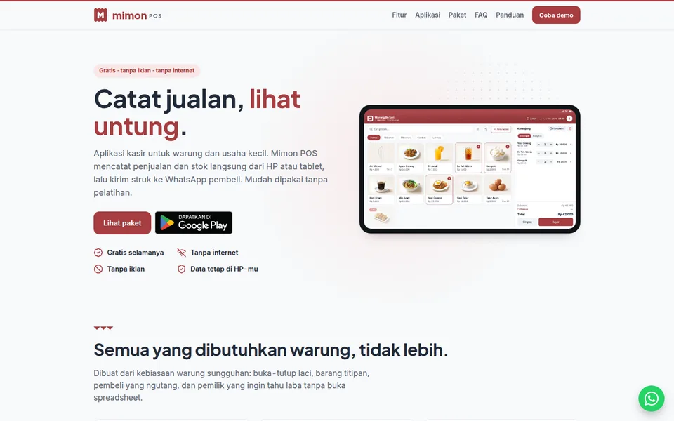 Halaman depan mimonpos.com, website aplikasi kasir Mimon POS